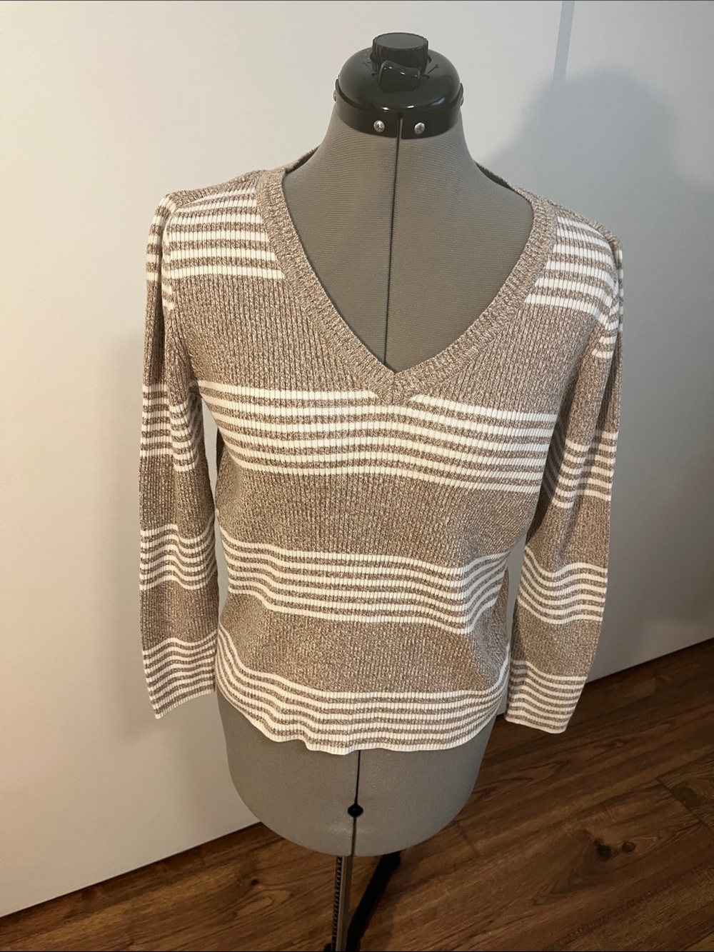 Karen Scott Taupe and White Striped V-Neck Sweater